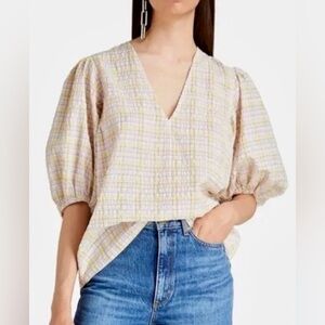 GANNI Seersucker Blouse Puff Sleeve Women’s Size  40
